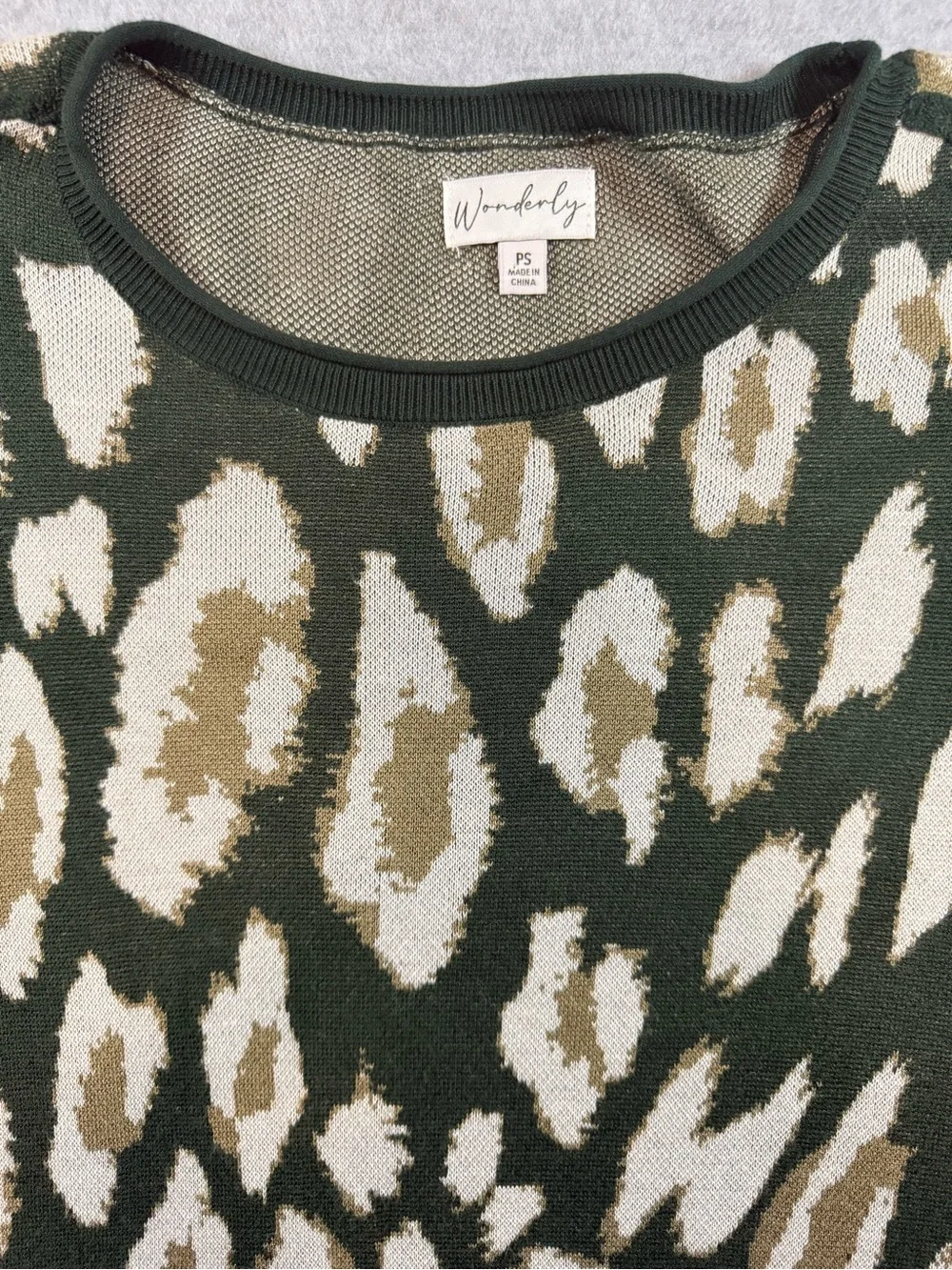 Wonderly Olive Green and Tan Leopard Crewneck Sweater